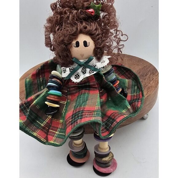 Vintage Button Shelf Sitter Christmas Brunette Girl Doll Cottage Core Country - Picture 3 of 6